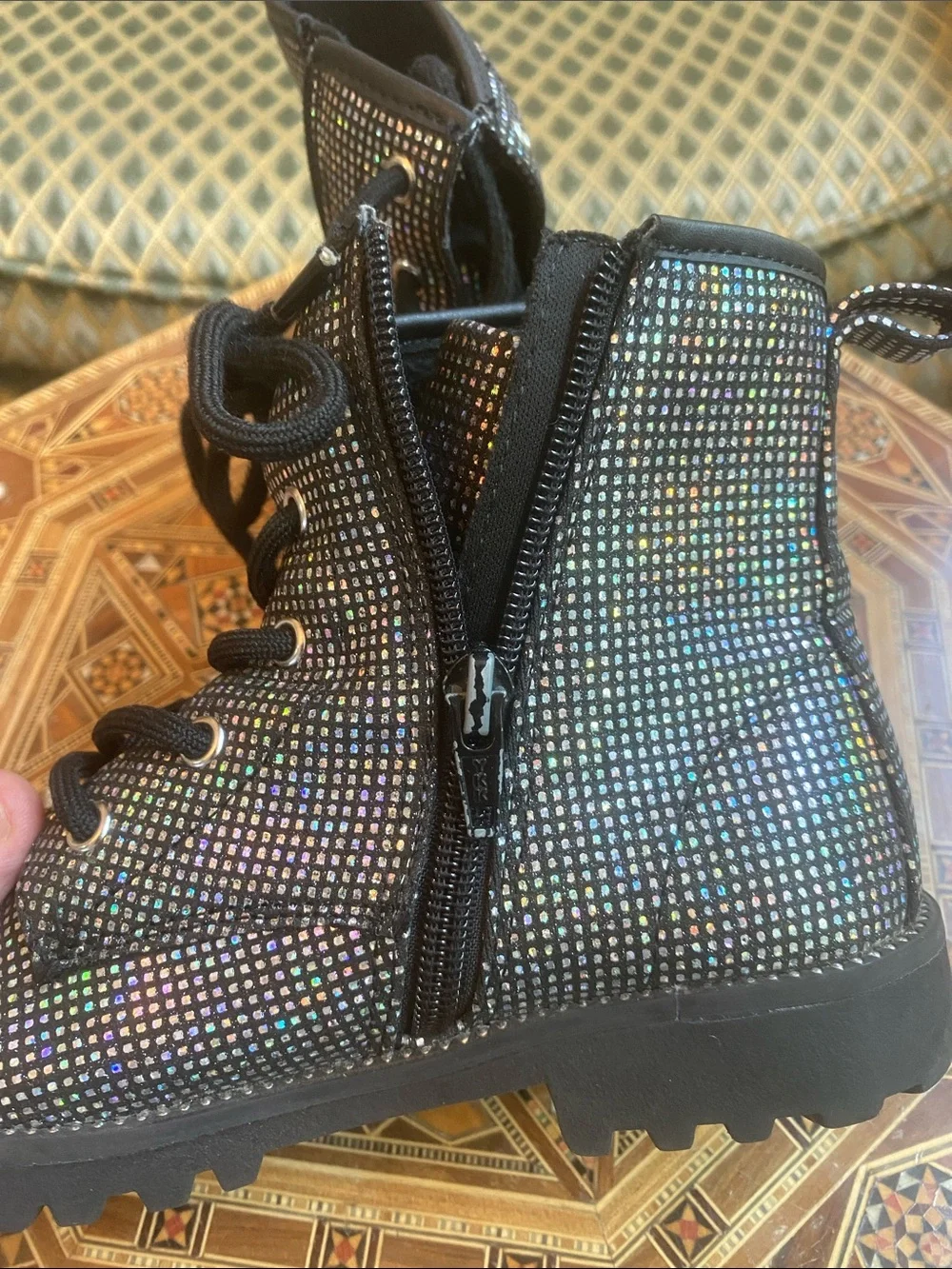 Cynthia Rowley Girls' Black Holographic Dot Lace-Up Boots
